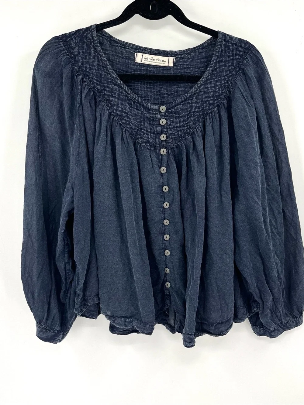 FREE PEOPLE WE THE FREE Cool Meadow Top Blue M Cotton Boho Buttons Flowy Blouse